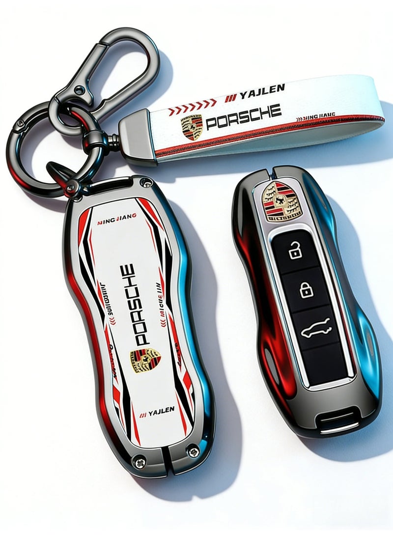 ماك جاباجز Suitable for Porsche Racing Style Metal Key Fob Case with Matching Keychain – White & Red (Please purchase according to your own key style) - Image 1